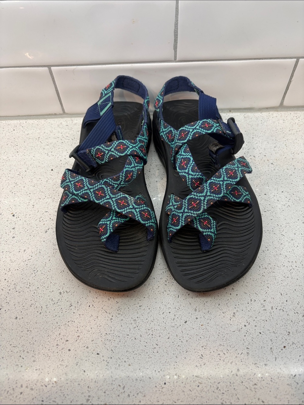 Chaco Womens Teal Navy Patterned Sport Sandals